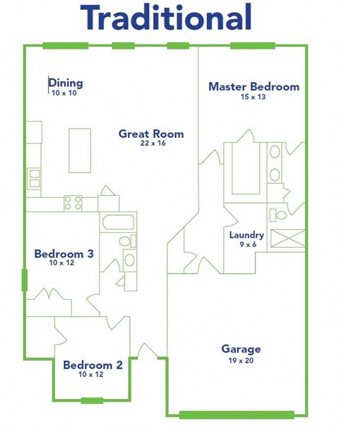 Floor plan for 3 beds, 2 baths, 1559 sqft